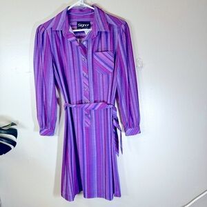 Vintage polyester shirt dress purple stripe belt midi USA MAD MEN retro small